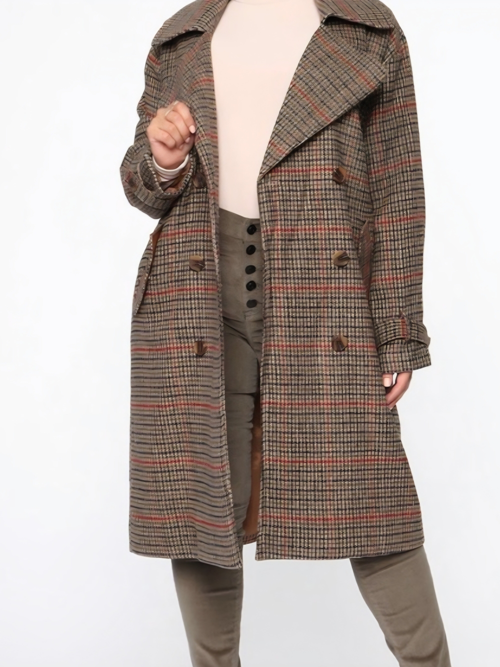 Fashion Nova Plaid Double-Breasted Trench Coat in Brown and Rust